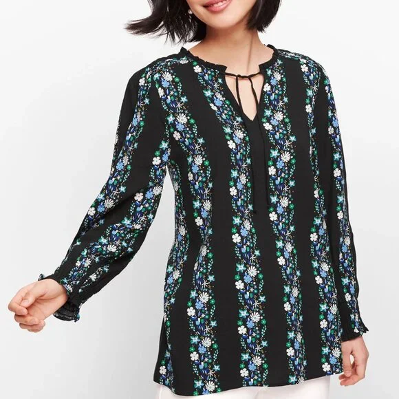 Talbots Women's Size M Dark Floral Striped Smocked Black Blouse - Picture 1 of 9